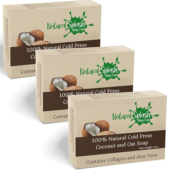 Natural Handmade Cold Press Bar Soap - Coconut and Oat – Aloe Vera and Vegetable Collagen - Soft exfoliating Formula - 3 Pack