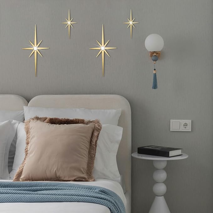 4 Pcs Star Wall Art for Home Decor Living Room Bedroom Office Metal 3D,Bling,with Hanging Hook Starburst Midcentury Sculpture Retro Gallery Accent Celestial -Gold 16.5in/9.4in