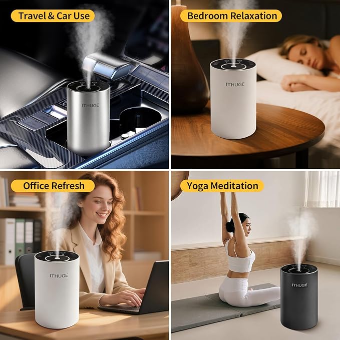 Waterless Nebulizing Essential Oil Diffuser - 48H Battery Powered Portable Aromatherapy with 3 Intensity Levels, USB-C Rechargeable for Car Home Office Yoga Travel (Silver)