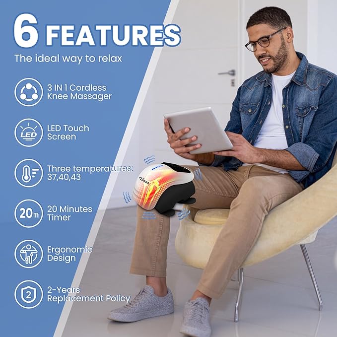 Knee Massager with Heat, 3-in-1 Smart Portable, 3 Vibration Modes and 3 Heating Levels LED Vitality Joints Knee Massager, Gift for Men and Women, White