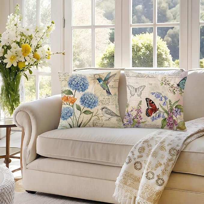 wyooxoo Farmhouse Pillow Covers 20x20 Set of 4 Spring Summer Throw Pillow Covers Linen Flower Butterfly Bird Decorative Pillowcases for Sofa Couch Living Room Outdoor