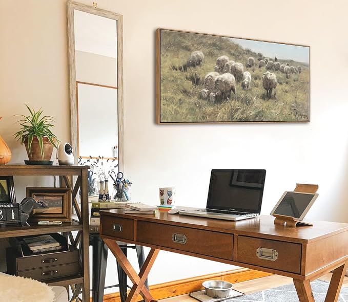Farmhouse Framed Wall Art, Vintage Sheep on the Dunes Picture, 20x40 Inch | Classic Shepherd & Flock Canvas Painting, Large Country Animal Landscape Print, Rustic Artwork for Living Room Bedroom Decor