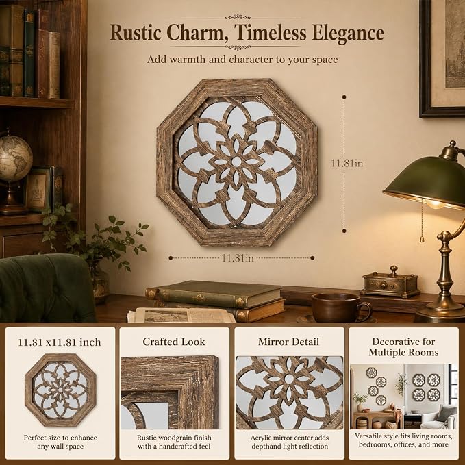 4 Pack 12 Inch Octagon Maroon Rustic Wood Frame Acrylic Wall Mirrors, Farmhouse Boho Wall Art Decor for Living Room, Bedroom, Hallway, Entryway, Bathroom & Office