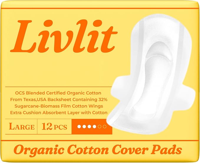Livlit Large Size Ultra Thin Sanitary Pads, 100% Organic Cotton from Texas, Powerful Leak Protection, Unscented, Chlorine Free and Absorbency of Feminine Periods, Pads for Women (12 Count)