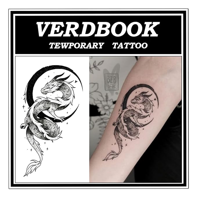 Waterproof Temporary Tattoos: 2-Sheet Tattoo Kit with Realistic Body Stickers, Semi-Permanent Tattoos for Adults Lasting 7-15 Days – Safe for Men & Women, Moonlit Dragon Pattern