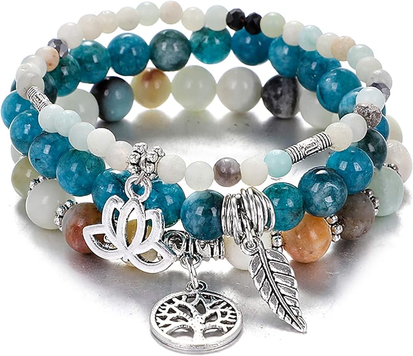 UEUC Tree of Life Yoga Healing Stone Bracelets,Multilayer Lotus Chakra Stone Reiki Bracelet Sets,Anxiety Crystal Natural Stone,for Women Stress Relief