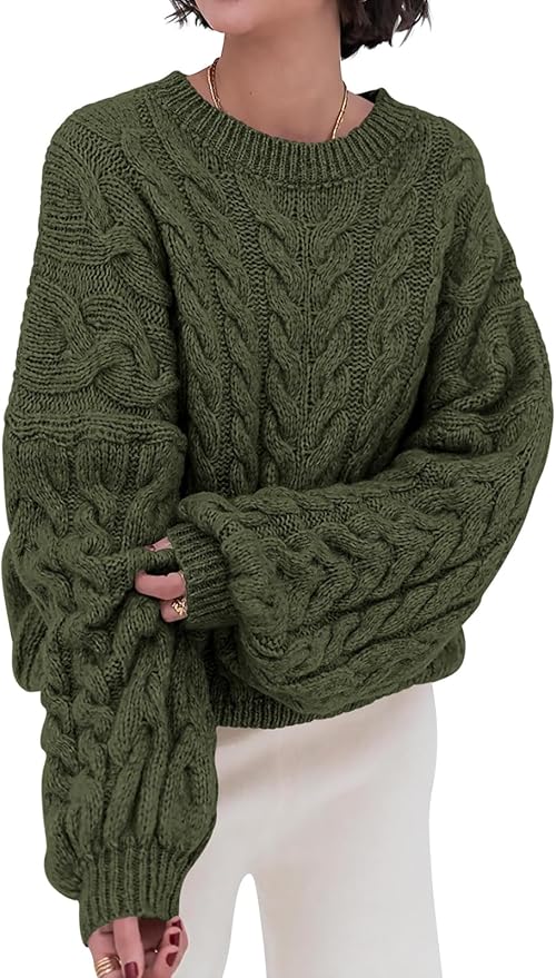 PRETTYGARDEN Womens Sweaters Spring 2026 Cable Knit Long Sleeve Crewneck Oversized Sweater Chunky Pullover Loose Outfits