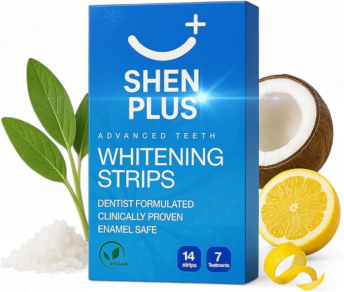 Shen Plus Teeth Whitening Strips – Enamel-Safe, Non-Slip Dry – 7 Treatments – Helps Remove Deep Stain with Coconut, Sage Oil, Dead Sea Salt & Lemon Peel Oil – 14 Strips