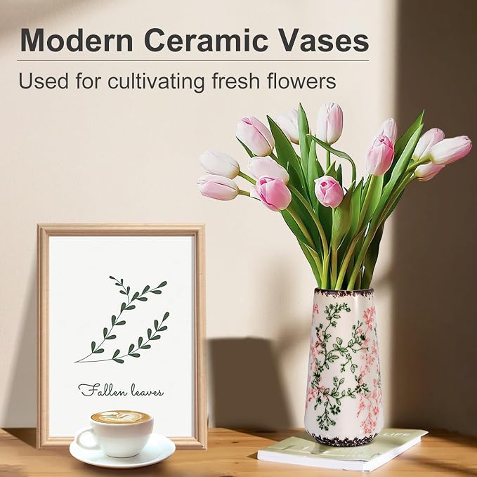 Ceramic Vase, GUKJOB Small Cute Flower Vase for Pampas Grass, Home, Living Room, Dining Table, Farmhouse, Office Decor, Bedroom, Table, and Kitchen Shelf (Green & Pink-A)