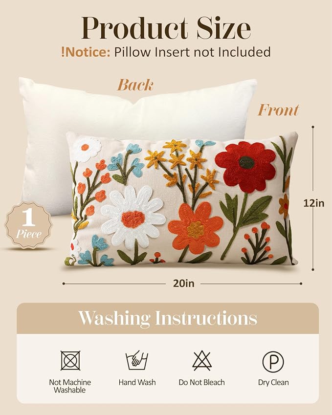 Embroidered Lumbar Pillow Cover 20x12 Inch, Flower Cluster | Decorative Throw Pillow Cover, Floral Farmhouse Cushion Case with Hidden Zipper, Home Decor for Couch, Sofa, Living Room