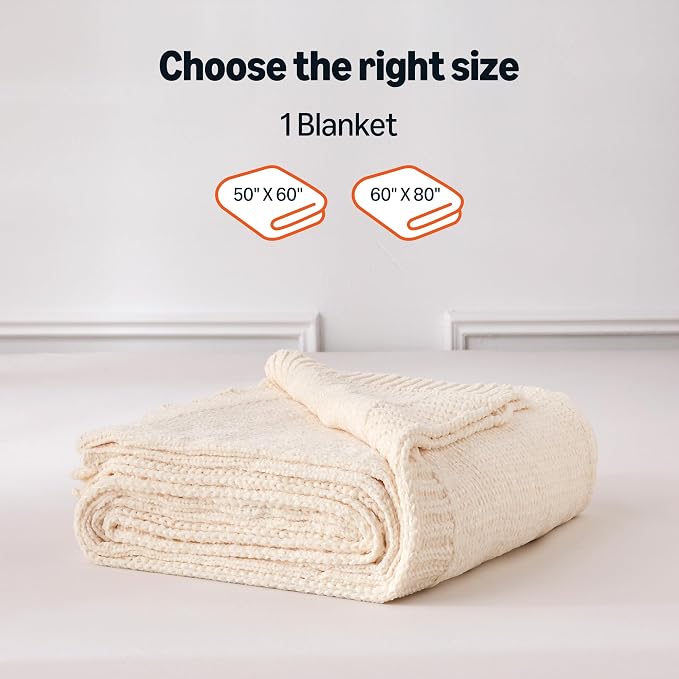 Amazon Basics Chunky Chenille Knit Throw Blanket for Couch, Bed and Sofa, Soft and Warm Lightweight Jersey, 50"×60", White