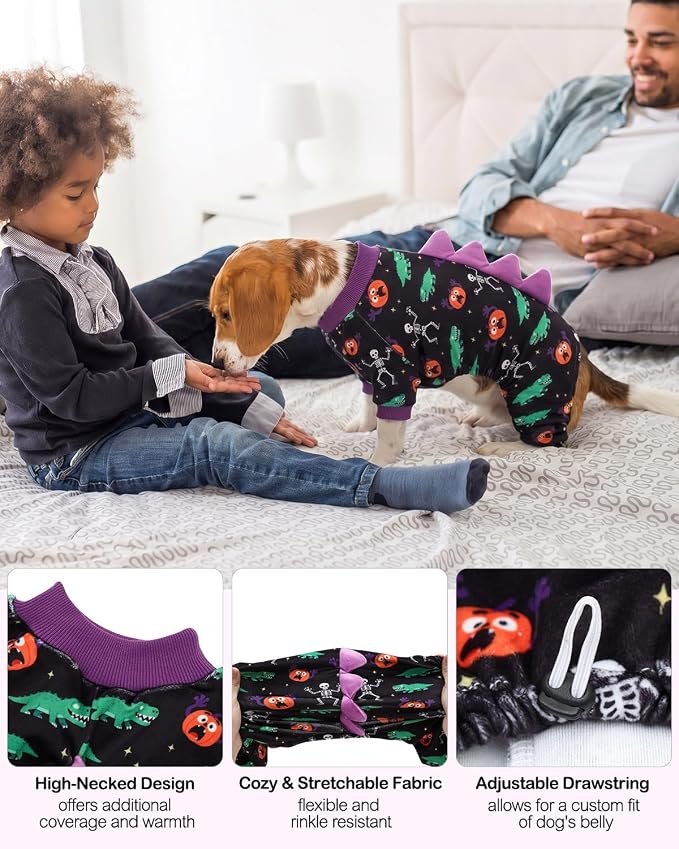 CuteBone Dinosaur Costume Halloween Dog Pajamas, Stretchy Spandex Crystal Velvet Sleepwear Coat for Small Dogs, Soft & Warm Pet Outfit Clothes for Cold Weather, Cozy Pullover Design COSP25M