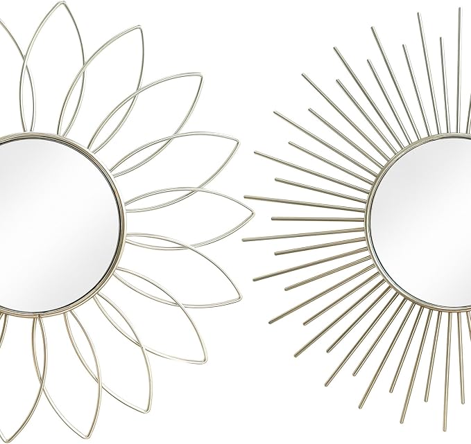 3 Pack Metal Mirrors for Wall Sunburst Wall Mirrors Home Décor Decorative Hanging Wall Art for Living Room Bedroom Entryway (Silver2, Flower+Sunburst)