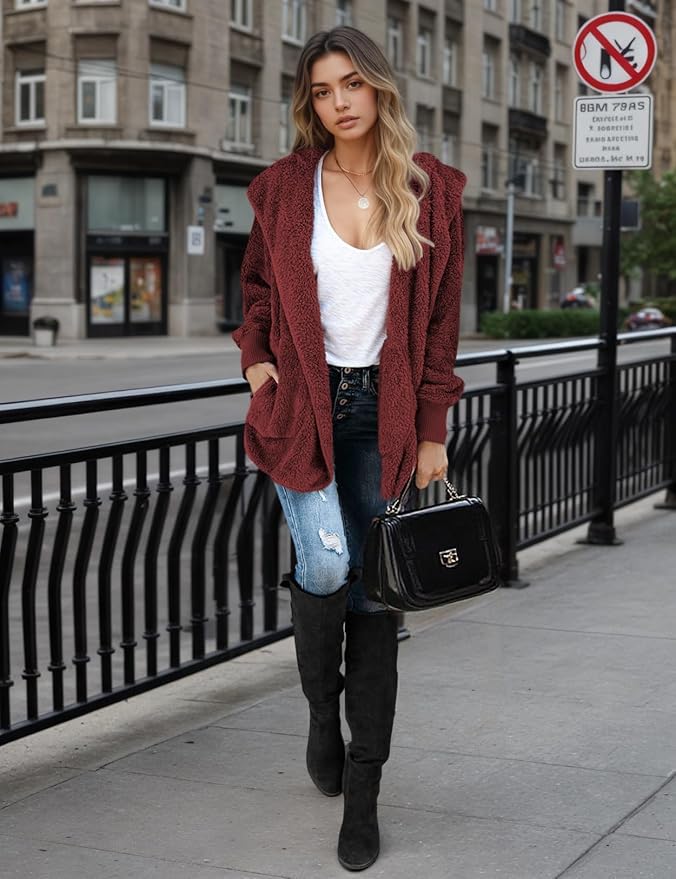 Zilcremo Women Hooded Cardigan Fuzzy Jacket Winter Open Front Fleece Coat Outwear with Pockets