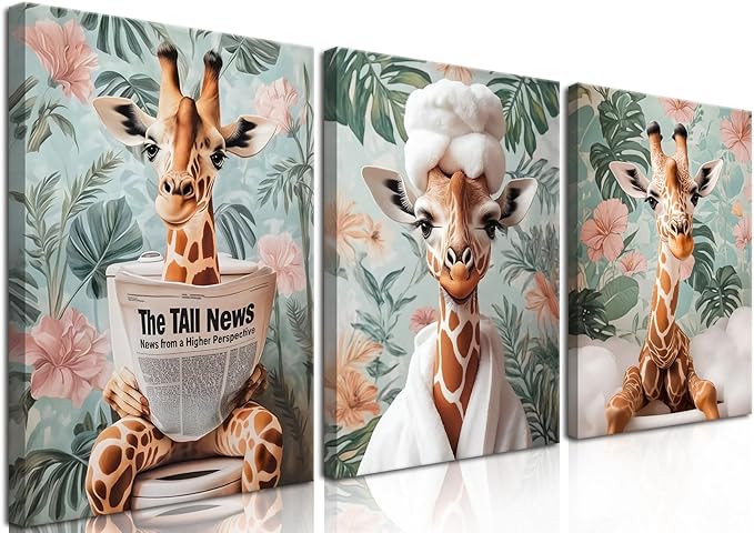 Funny Animal Bathroom Wall Art Set of 3, Cute Giraffe in Toilet Reading Newspaper Wall Decor Paintings Eclectic Giraffe Bathroom Canvas Prints Artwork 12x16 inch Framed