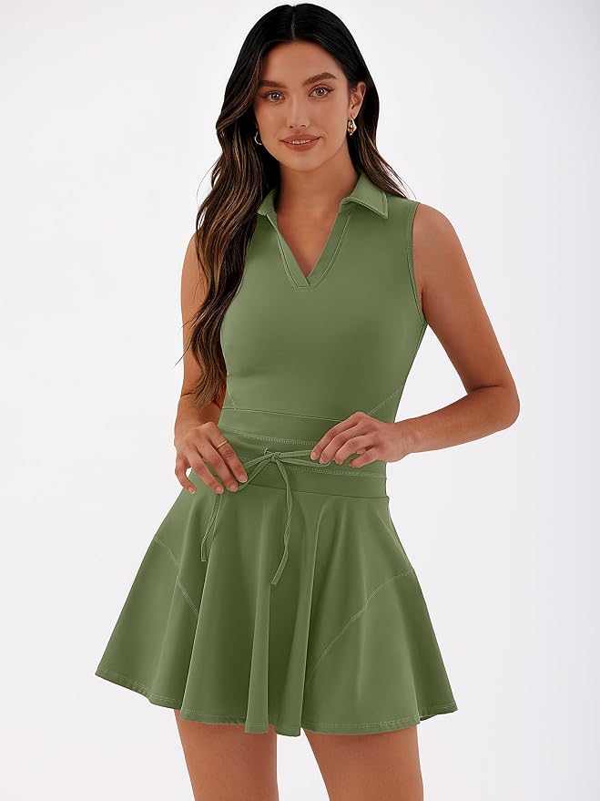 Caracilia Women's 2 Piece Tennis Dress Set-Polo Neck Sleeveless Mini Dresses with Shorts,Golf Casual Workout Athletic Sports