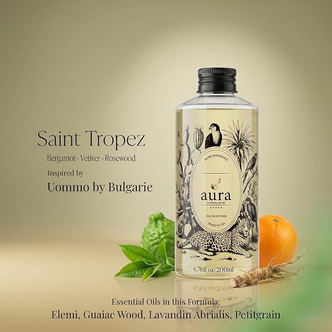 A U R A - Saint Tropez Fragrance Oil for Waterless Scent Diffuser - Inspired by Bul.geri Homme | (6.7 fl oz, 200 ml) Pure Essential Oil Blends for Aromatherapy Diffuser & Hotel Collection Oil Diffuser