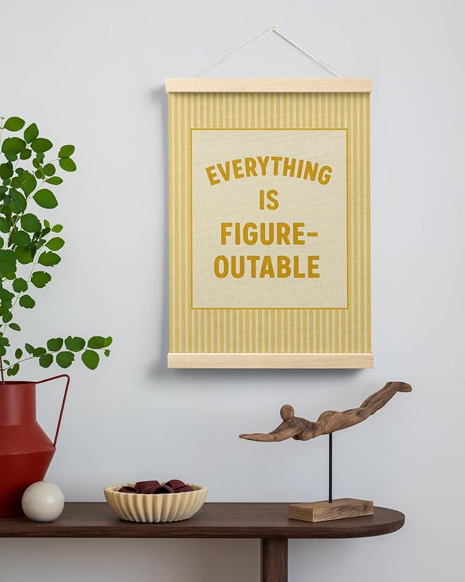FGFK Everything Is Figureoutable Positive Affirmations Wall Art Poster Hanger Frame, Retro Yellow Inspirational Canvas Prints Framed Wall Decor for Office Classroom Home Bedroom, 12x16 Inch