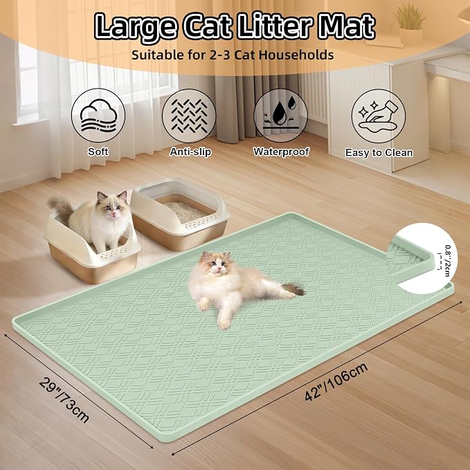 Silicone Cat Litter Mat 42" x 29" Cat Mat for Litter Box, Green | Extra Large Cat Litter Trapping Mat for Floor, Waterproof, Non-Slip Kitty Litter Box Mat with Raised Edge, Easy to Clean