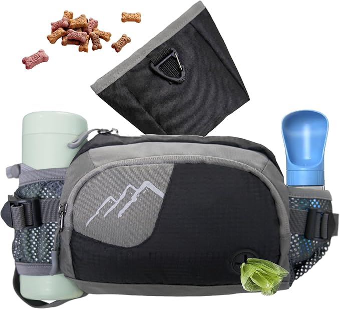 Dog Walking Fanny Pack with Removable Treat Pouch & 2 Retractable 300ml Water Bottle Holders, No Spill Magenetic Clasp - Hands-Free Pouches Training Waist Bag for Dog Owners, Poop Bag Dispenser