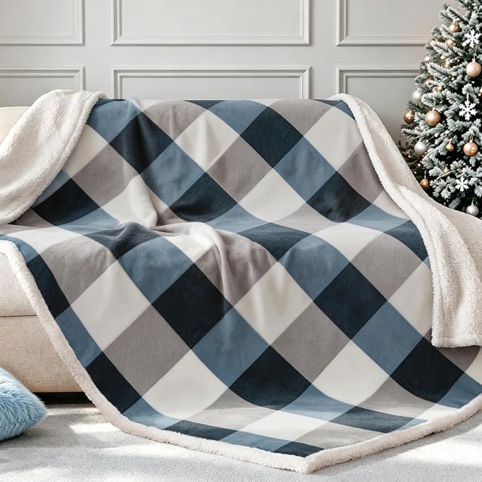 PU MEI Sherpa Fleece Throw Blanket 60" x 80" Reversible Plush Fluffy Large Big Blanket Lattice Flannel Blankets for Sofa Couch Bed (Grey-Soft Blue, 60"*80")