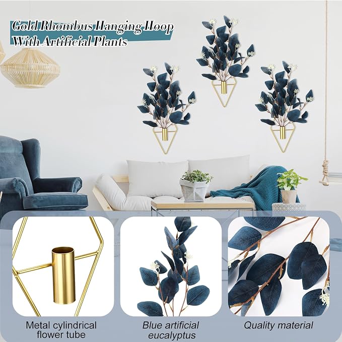Hanaive 4 Sets Boho Wall Decor Metal Wall Art Hanging Planters with Blue Artificial Eucalyptus Display Modern Home Vase for Bedroom Home Office