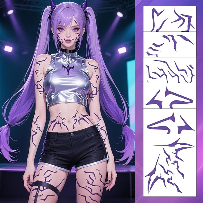 Cosplay Temporary Tattoos, 6 Sheets Purple Tattoos Waterproof Body Art Prop for Cosplay Halloween Party Makeup Realistic Accessories