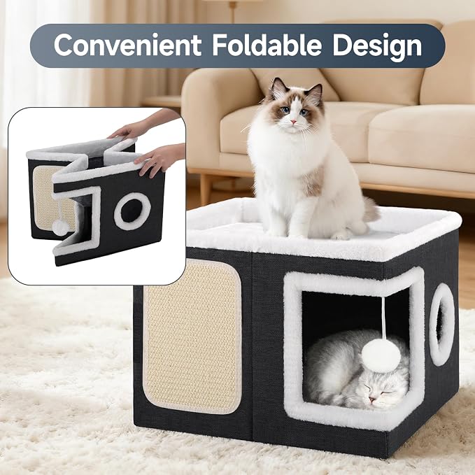 Shikha Cat House Bed for Indoor Cats with Fluffy Ball and Scratch Pad Black | Foldable Large Cat Cave Hideaway with Cozy Condo, Hide and Seek Window, Holds Up to 30LBS, All Season Reversible Cushion