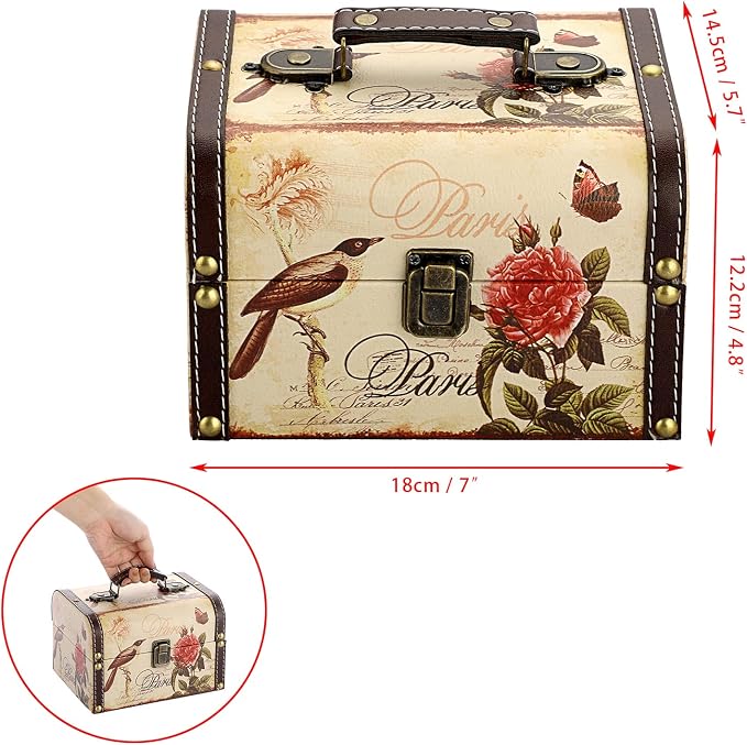 ELLDOO Decorative Treasure Chest Box, Wooden + PU Leather Storage Box for Jewelry Trinkets, Keepsakes box for Girls Women Gifts (Bird + Flower Pattern)