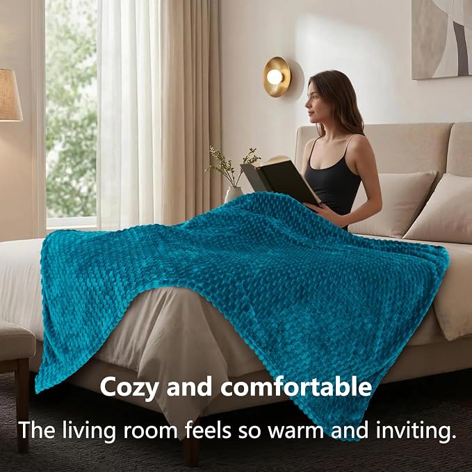 Vessia Flannel Fleece Throw Blanket(50x70 inch), 3D Jacquard Blue Fuzzy and Warm Blanket for Couch,Sofa,Bed, 300GSM Super Soft Touch Cozy Lightweight Throw for All-Season Home Decor