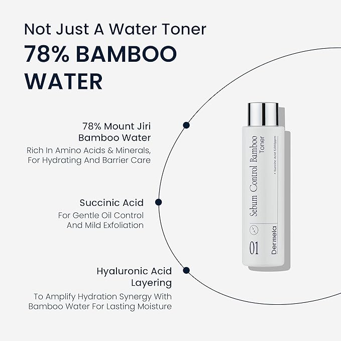 Sebum Control Bamboo Toner, 78% Bamboo Water with Niacinamide, Hyaluronic & Succinic Acids, Oil & Pore Control, 6.76 fl oz (200 mL) | Korean Toner for Oily, Combination & Sensitive Skin