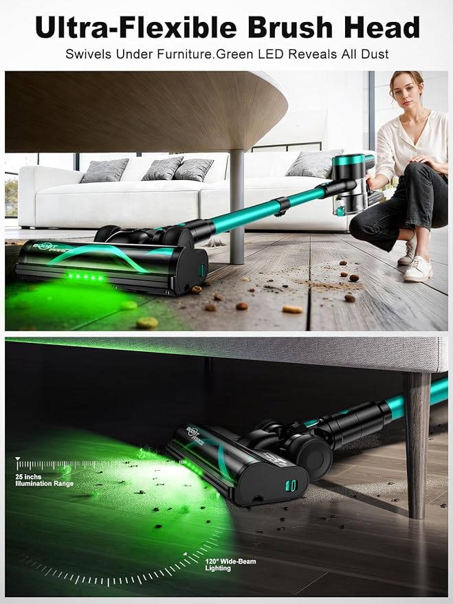 Cordless Vacuum Cleaner, 58KPa/60Mins 10 in 1 Self-Standing Stick Vacuum | 29-inch Hose and LED Lighting Brush, Anti-Tangle Brush &3 Suction Modes, Quiet Vacuum Cleaner for Home, Pet Hair/Carpet/Floor