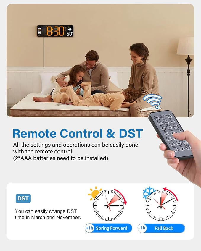 Digital Wall Clock, Digital Clock Large Display with Remote Control, Corded LED Alarm Clocks with Date, Week, Temp, Humidity, Auto DST, Countdown, for Living Room Bedroom Classroom Office (Orange)