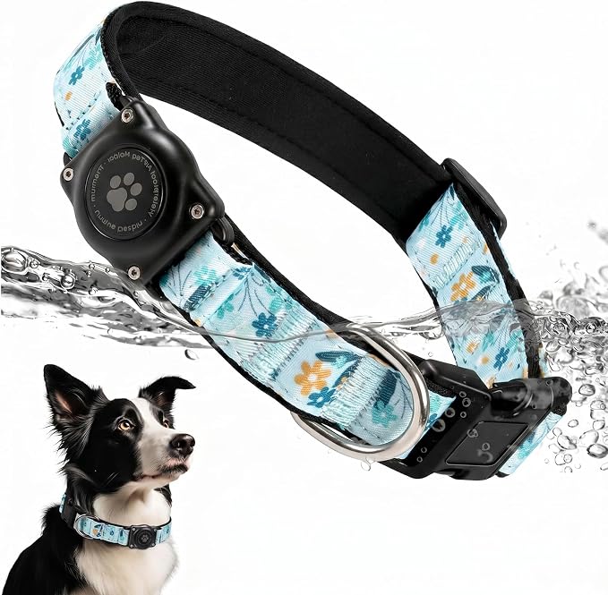Upgrade Dog Collar with AirTag Holder, IP68 Waterproof, Blue Meadow, L | Built-in Water Resistant AirTag holder, 1000D Nylon, Reflective Stitching for Night Visibility, Soft padding for Comfort