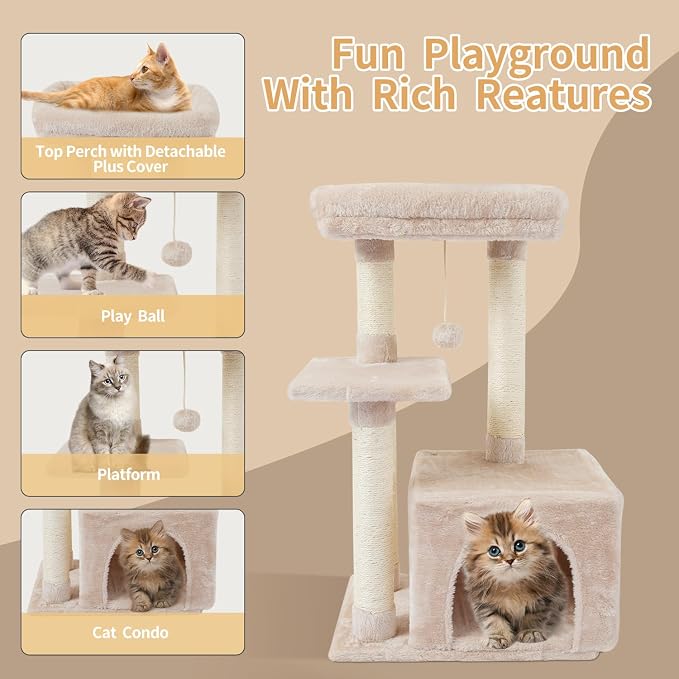 Cute Cat Tree Kitten Cat Tower Condo Cat Furniture Sisal Scratching Posts B | FISH&NAP For Indoor Jump Platform Activity Center Play House Beige