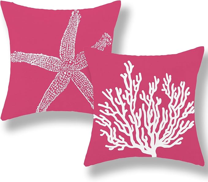 Coastal Pillow Covers 18x18 Inch Set of 2 Hot Pink Coral Starfish Throw Pillows Nautical Ocean Decorations Beach Pillowcase Outdoor Decor Linen Farmhouse Cushion Case for Home Sofa Living Room