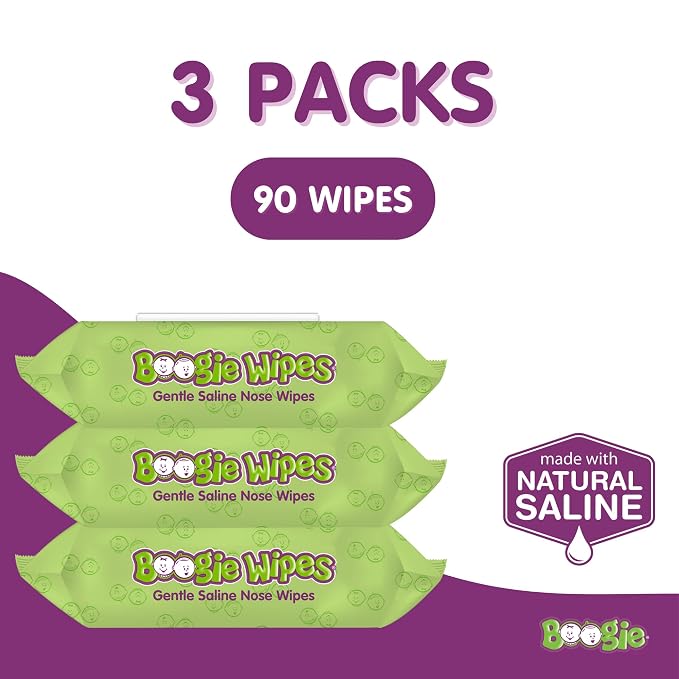 Boogie Wipes Gentle Saline Nose Wipes - 90 Count - Fresh Scent, Hypoallergenic & Alcohol-Free - Allergy Relief - Made with Natural Saline, Aloe, Chamomile & Vitamin E - Diaper Bag Essential
