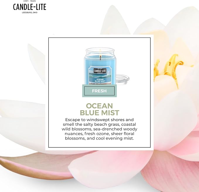 CANDLE-LITE Scented Ocean Blue Mist Fragrance, One 18 oz. Single-Wick Aromatherapy Candle with 110 Hours of Burn Time, Light Color (Individual Box) (Pack of 2)