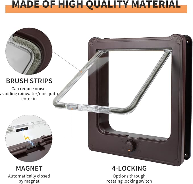 NAMSAN Cat Door Interior Door, Brown, Flap Opening 7.1" x 7.3", 4 Way Locking Cat Door for Exterior Door, Weatherproof Pet Door for Cats Small Dogs, Cat Flap Doors for Wooden/Metal Door, Window