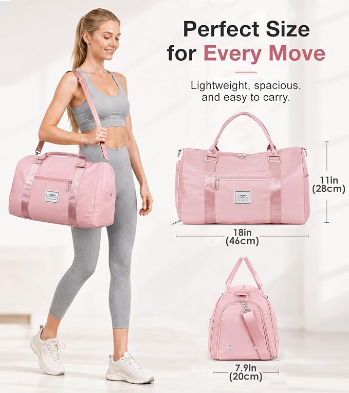 FIORETTO Womens Gym Tote Duffle Bag with Wet Pocket & Shoe Compartment, Sports Duffel Overnight Weekender Hospital Workout Carry on Bag for Girls, Ideal for Travel, Swimming, Dance, Ballet Pink