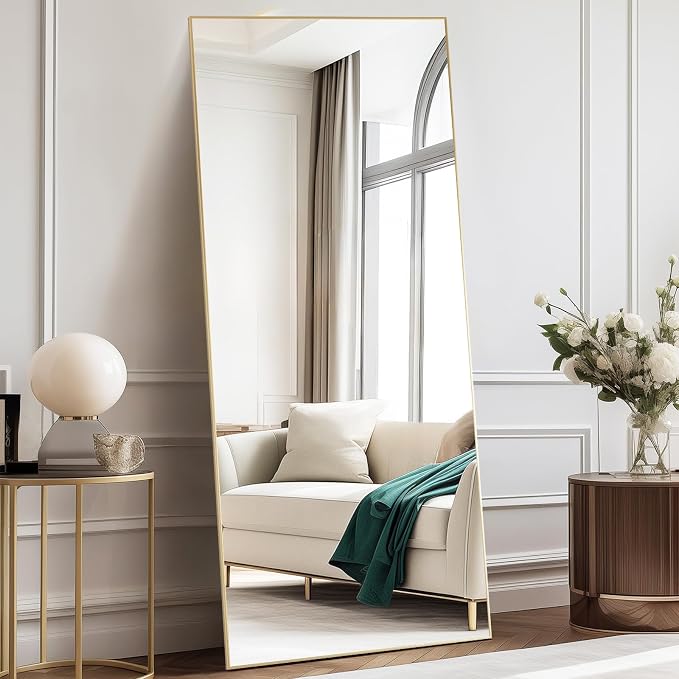 DUMOS 70.4"x25.6" Full Length Mirror with Stand, Full Body Floor Mirror | Free Standing or Wall Mount, Nano Glass Aluminum Frame, Hanging or Leaning, Modern Simple Home Decor, Gold