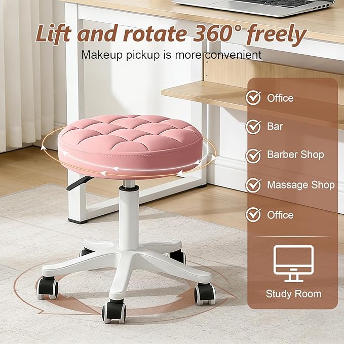 Small Rolling Stool with Wheels, PU Leather Height Adjustable Vanity Work Task Stool, 360 Swivel, Padded Seat Cushion, for Salon, Home, Office
