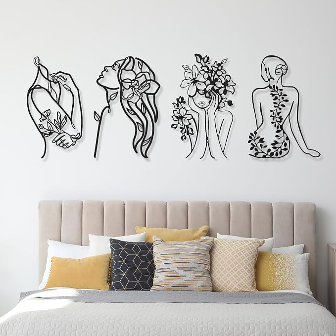 Photect 4 Pieces Metal Wall Art Decor Black Single Line Art Drawing Minimalist Abstract Female Woman Wall Sculptures Hanging Decor Accents for Bathroom Living Room(Modern)