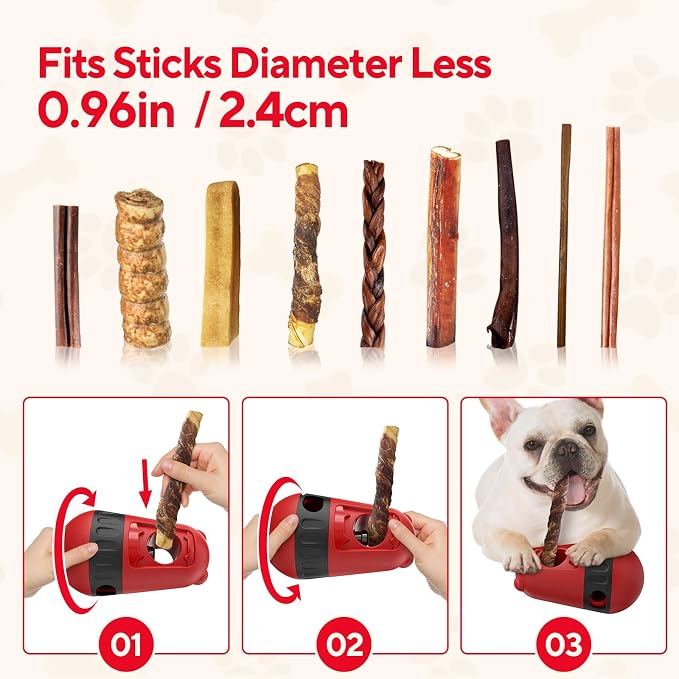 LIFLIX 2 in 1 Interactive Treat Dispensing Dog Toys, Bully Stick Holder, Adjustable Dog Treat Holder for Medium & Large Dogs, Safety Device to Prevent Choking, Red