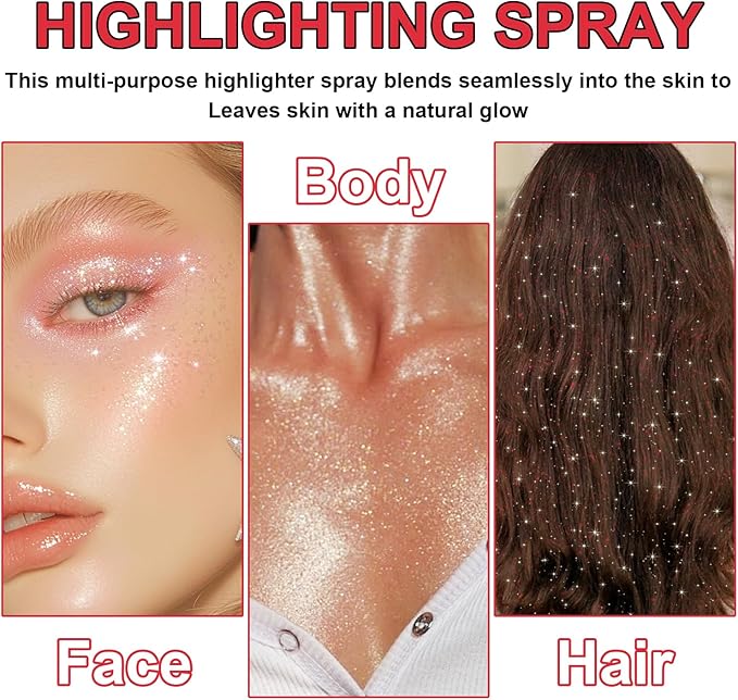 Hair and Body Glitter Spray, Shimmering Powder Sparkle Powder Makeup, Glitter Loose Sparkle Makeup for Body Highlighter,Festival Prom Rave Accessories (Red)