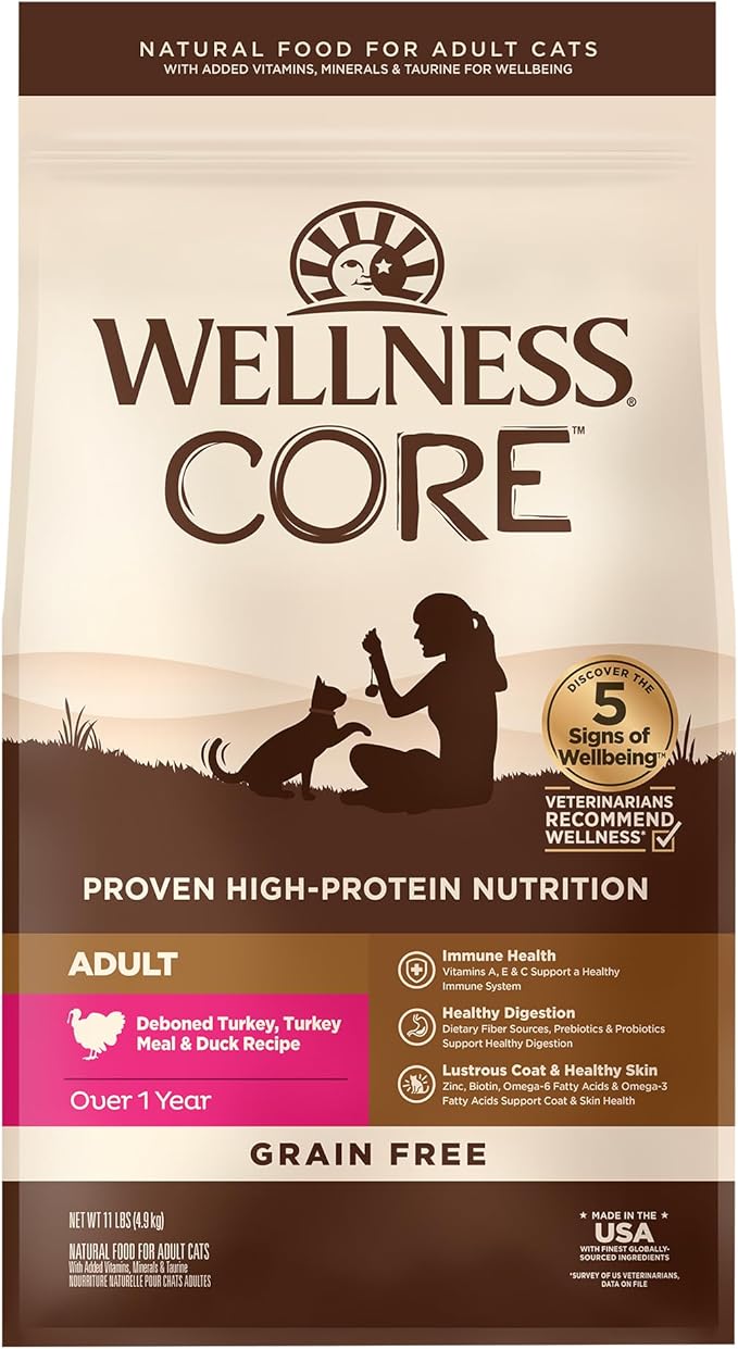 Wellness CORE Adult Dry Cat Food, Natural, Grain Free Kibble, Turkey and Duck Recipe, 11 lb Bag