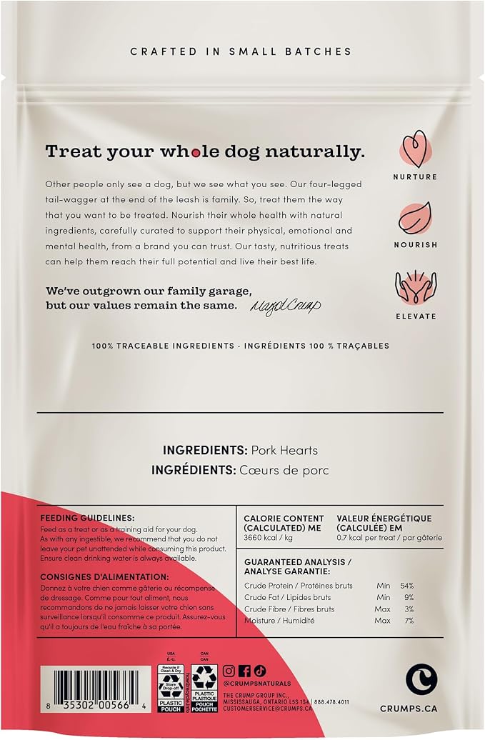 Crumps Naturals Mini Trainers Freeze Dried Pork Hearts 1.9oz, Dog Treats