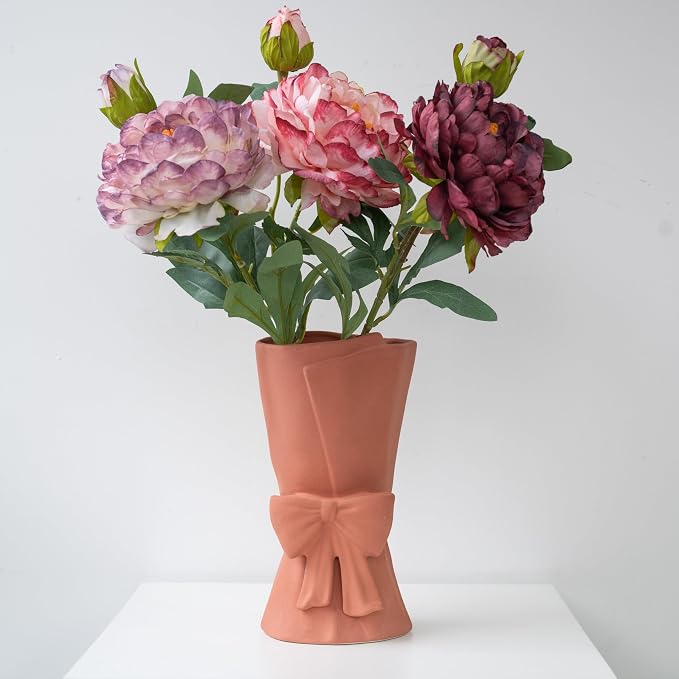 Relexome Pink Ceramic Bow Vase 9.64 in Unique Cute Modern Decorative Bouquet Flower Vases for Home Living Room Table Decor Women Girl Gifts