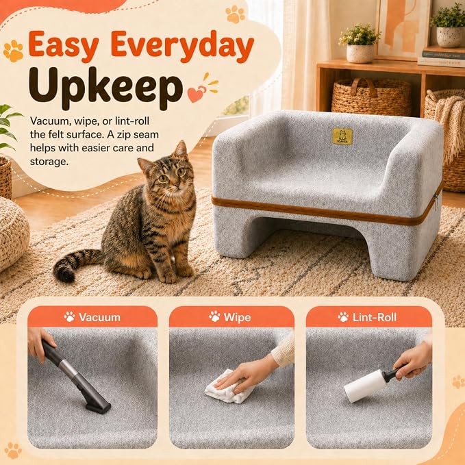 Large Cat Bed for Indoor Cats, 2-Tier Cat Cave Bed with Top Lounge & Lower Hideaway, Washable PET Felt Cat Sofa for Living Room, Bedroom, Apartment, Scratch-Friendly Cat Furniture, Light Gray