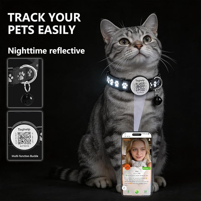 Peace of Mind Cat Collar 2-Pack: QR Code Tag with Permanent Online ID + Breakaway Reflective Collar, Scan for Immediate Contact if Lost (Pink & Black)